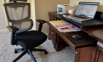 Home office essentials: FlexiSpot Chair, Desk, Laptop, Notebook, Printer, and Pens